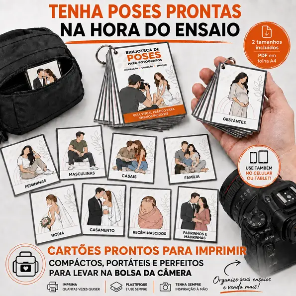 Fotógrafa consultando a Biblioteca de Poses durante um ensaio